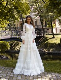 2020 vestidos de noiva vintage Jewel Neck Vestido Appliqued mangas compridas casamento Bow Sash Ruffle Varrer Train Custom Made Robes De Mariée