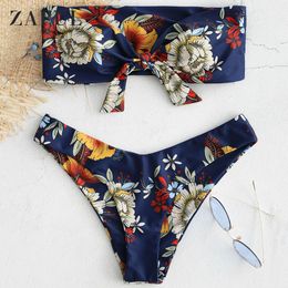 ZAFUL Knot Floral Bandeau Bikini Set Women Mid Waist Swimsuit Sexy Bandeau Swimwear Strapless 4-Color Bathing Suit Biquni