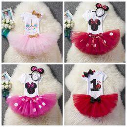 baby girls cartoon unicorn suits rompers+tutu skirts+ sequin bowknot headband 3pcs girl outfits newborn birthday party dress up for 1st 2nd