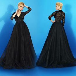 Bien Savvy Black Prom Dresses 3/4 Long Sleeves V Neck Lace Appliqued Formal Evening Dresses Cheap Party Gowns