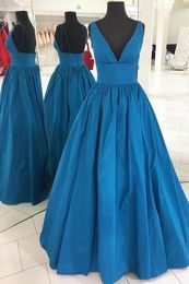 Tea Blue Deep V-neck Prom Dresses Long 2019 Ruched Draped Open Back Taffeta Formal Dress Evening Gowns Abendkleider robes de soiree