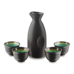 Vintage Ceramic Sake Set Wine Drinkware with 1 Bottle and 4 Cups in Turquoise Black Glaze for Japanese Restaurant Sushi Bar