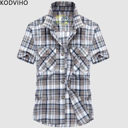 Shirts for Men Plaid Streetwear Casual Slim Fit Short Sleeve Cotton Shirt Mens Red Summer Blouse Man Camisas Chemises Homme 2019