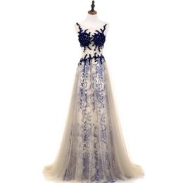 Real Images Sexy Prom Dresses With Sheer Neckline Beads Appliques Buttons Sheer Back Sexy Evening Dress Tulle Celebrity Party Gowns