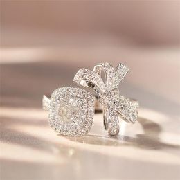 Choucong Brand New Luxury Jewellery 18K White Gold Fill Cushion Shape White Topaz CZ Diamond Gemstones Eternity Women Wedding Band Bow Ring