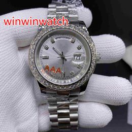 Fashion New watches Day Date Automatic Movement Men's Watch Diamond Bezel silver stainless steel Mechanical 40MM Mens Wristwa207U