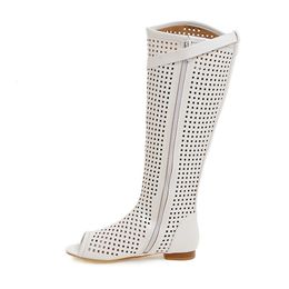Hot Sale-Kcenid Plus size 34-47 summer boots sexy cut-out knee high boots women shoes peep toe buckle low heel white lady fashion shoes