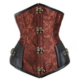 Women Gothic Steampunk Brown Black 12pcs Steel Boned Brocade Jacquard Underbust Corsets with PU Leather Patchwork Sexy Waist Cincher S-XXL