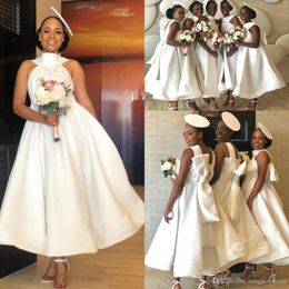 Plus Size African Halter Satin Cheap Simple A Line Short Bridesmaid Dresses Lace Applique Bow Sash Maid Of Honor Dress Wedding Guest Dress