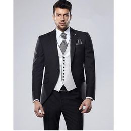 Brand New Black Groom Tuxedos Excellent Mens Wedding Tuxedos Peak Lapel Man Jacket Blazer Popular 3 Piece Suit(Jacket+Pants+Vest+Tie) 1289