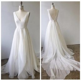 2020 Newest Simple Beach Dresses V Neck Satin Ruched Pleats Tiered Chiffon Skirt Custom Made Wedding Gown Vestido De Novia