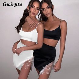 Gwirpte 2020 black bodycon 2 piece set woman sleeveless Spaghetti Strap crop top and tassel decoration mini skirts streetwear