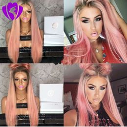 Brazilian Straight Hair Ombre Pink Wigs 13X4 Synthetic Lace Front Wig With Baby Hair Pre Plucked Cosplay/Party Wigs