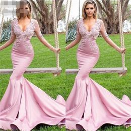 Sexy V-neck Long Sleeves Mermaid prom dresses Lace Applique Satin Plus Size Evening Gown For Women v neck Zipper Back Court Train Lace