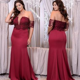 Dark Red Plus Size Mermaid Evening Dresses With Short Sleeves Off The Shoulder Beaded Prom Gowns Satin Floor Length Lace Formal Dress