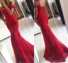 2019 New Red Lace Evening Dresses Elegant Off The Shoulder Lace Appliques Mermaid Prom Dresses Floor Length Formal Party Gowns