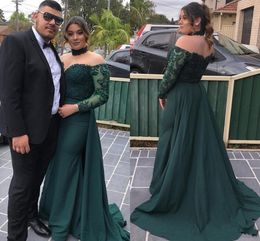 New Sexy Dark Green Evening Dresses Keyhole Neck Long Sleeves Lace Appliques Beads Overskirts Sweep Train Prom Party Red Carpet Gowns