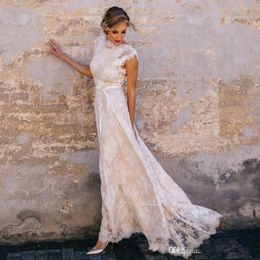 Vintage Champagne Lace Bohemian Wedding Dress A Line Cap Sleeve Soft Tulle Bow Sash Wedding Bridal Gown Vestidos de Novia 2020