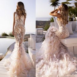 Dresses Champagne Mermaid Sexy Spaghetti Neck Lace Tiered Skirts Bridal Gowns Country Garden Wedding Dress