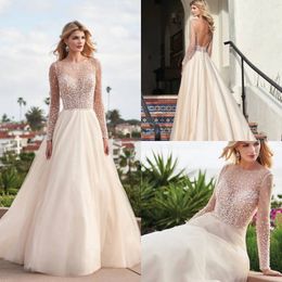 beaded design beach wedding dresses long sleeve backless luxurious wedding gowns illusion cheap bridal gown plus size