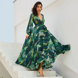 Women Vintacy Long Sleeve Dress Green Tropical Beach Vintage Maxi Dresses Boho Casual V Neck Belt Lace Up Tunic Draped Plus Size D322F