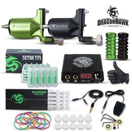 Dragonhawk Tattoo Kit 2 Rotary Motor Machines Power Supply Needles Tips Set