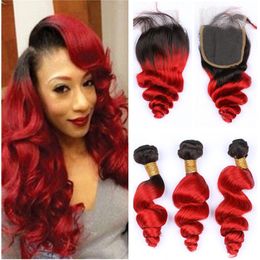 Black to Red Ombre Loose Wave 3Bundles with Top Closure 4Pcs Lot Dark Root Brazilian Virgin Human Hair #1B/Red Ombre Weave Extensions
