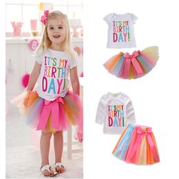 Hot sale children birthday dresses letter t-shirt and rainbow tutu gauze skirt boutique kids layered dress