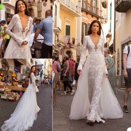 2020 Full Lace Overskirts A Line Wedding Dresses Sexy V-neck Long Sleeve Wedding Gown Backless Custom Made Elegant Vestidos De Novia