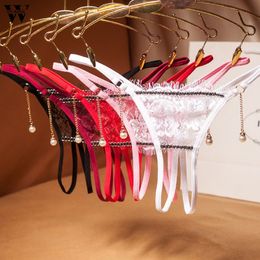 Sexy Bandage G String Thongs Women Lace Briefs Sexy Lingerie Underwear Open Crotch Pearl Pendant Panties Lingerie Underwear