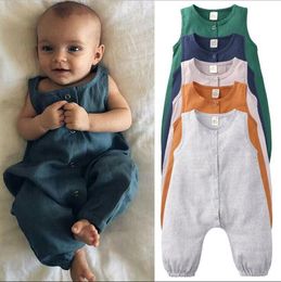 Baby Clothes Kids Boys Cotton Linen Rompers Summer Solid Sleeveless Breathable Jumpsuits Onesies Ins Bodysuits Fashion Overalls BYP792