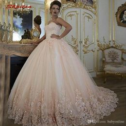 Blush Dubai Arabo Abiti da ballo rosa Sweetheart Puffy Increspato Appliques Abito da sposa lungo con paillettes Abito da sposa per donna 330