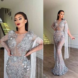 Silver Mermaid Prom Dresses Jewel Neck Lace 3D Floral Appliqued Beads Illusion Evening Dress Party Wear Custom Made Formal Party Gowns