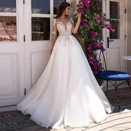 Elegant Long Sleeve Wedding Dress Bridal Gowns Lace Appliques Sheer Neck Princess Custom Vestidos de Novia Bruidsjurken Robe de Mariee