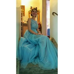 Turquoise Tulle V Backless Party Prom Dresses Empire Waist Crystal Beaded Evening Dress Bateau Bow Dresses Evening Wear Special Occasion