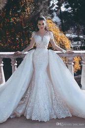 New Sexy Mermaid Wedding Dresses Full Lace Appliques Beads Illusion Long Sleeves Sheer Open Back Overskirts Ruffy Formal Bridal Gowns 0424