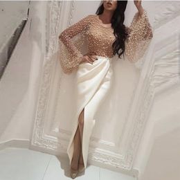 Sexy Muslim Evening Dresses 2019 mermaid sheer crew side slit Long Sleeves Pearls Slit Islamic Dubai Saudi Arabic Long Evening Gown Prom