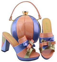 Venda quente de moda pêssego e sapatos de mulheres azuis com nó design sapatos africanos e bolsa definido para salto de vestido 9cm