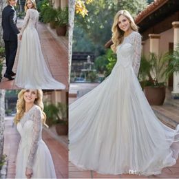 2019 Jasmine A Line Wedding Dresses Jewel Neck Long Sleeve Lace Applique Wedding Dress Sweep Train Customised Plus Size Country Bridal Gowns