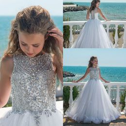 Trendy Crystal Beaded Flower Girls Dresses 2019 Sleeveless Crew A-Line Bling Girls Pageant Wear First Communion Dress Kids Prom Party Gowns