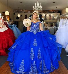 Vintage Royal Blue Beaded Crystals Quinceanera Prom Dresses Sweetheart Lace Ball Gown Tulle Evening Party Sweet 16 Dress ZJ306