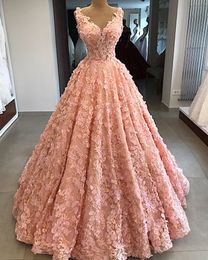 Zuhair Murad Pink Evening Dresses V Neck Lace 3D Floral Appliqued Pearls Gorgeous Prom Dress Custom Made Plus Size Vestido De Novia