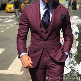 Fashionable Burgundy Big Lapel Style Man Work Business Suit Groom Tuxedos Mens Blazer Dinner Party Suits (Jacket+Pants+Vest+Tie) J770