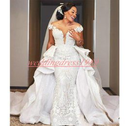 Glamorous Said Mhamad Mermaid Long Train Wedding Dresses Lace Overskirt Nigerian Bride Bridal Gown Plus Size African Vestido de novia