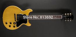 Promotion! Double Cutaway Cream Junior Electric Guitar One Piece Mahogany Body & Neck, Black P90 Pickups & Dog Ear, Wrap Arround Tailpiece