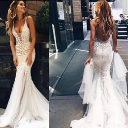 2020 New Amazing Detail Outdoor Mermaid Wedding Dresses Lace Sexy Deep V Neck vestidos de novia Backless Boho Country Beach Bridal Gowns