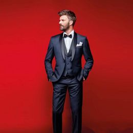 Classy Navy Blue Groom Tuxedos 3 pieces Men Suits for Wedding Shawl Lapel Groomsmen Suit Trim Fit Prom Suit Bestman Jacket Vest Pants