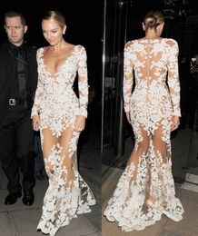 Zuhair Murad mermaid style dresses Sheer Lace Evening Dresses Long Sleeves V Neck Appliques Long CANDICE SWANEPOEL Wears Illusion Prom Celebrity Gowns