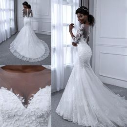 Sheer Neck Mermaid Wedding Dresses Beading Lace Applique Mermaid Half Sleeve Sweep Train Bridal Gowns Custom Made Wedding Dress