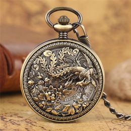 Antique Classic Hollow Case Phoenix Design Pocket Watch Automatic Mechanical Watches for Men Women Pendant Chain Roman Number Dial Gift